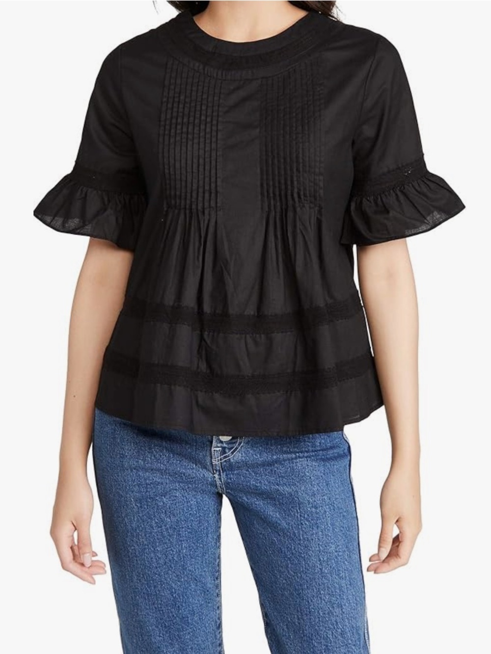 English Factory Black Lace Blouse Women’s Large Pleated Button Back